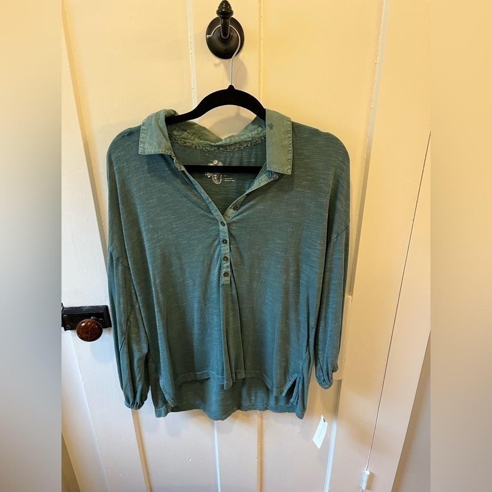 NWT Pilcro Anthropologie Blue Collar 1/4 Button Down Blouse Blue Small